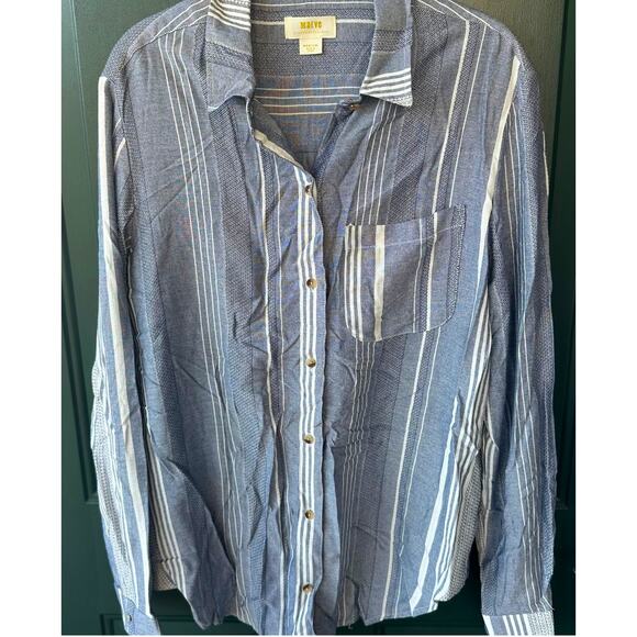 Maeve Anthropologie Blue White Striped Button Front Woven Shirt M Lightweight - Picture 1 of 7
